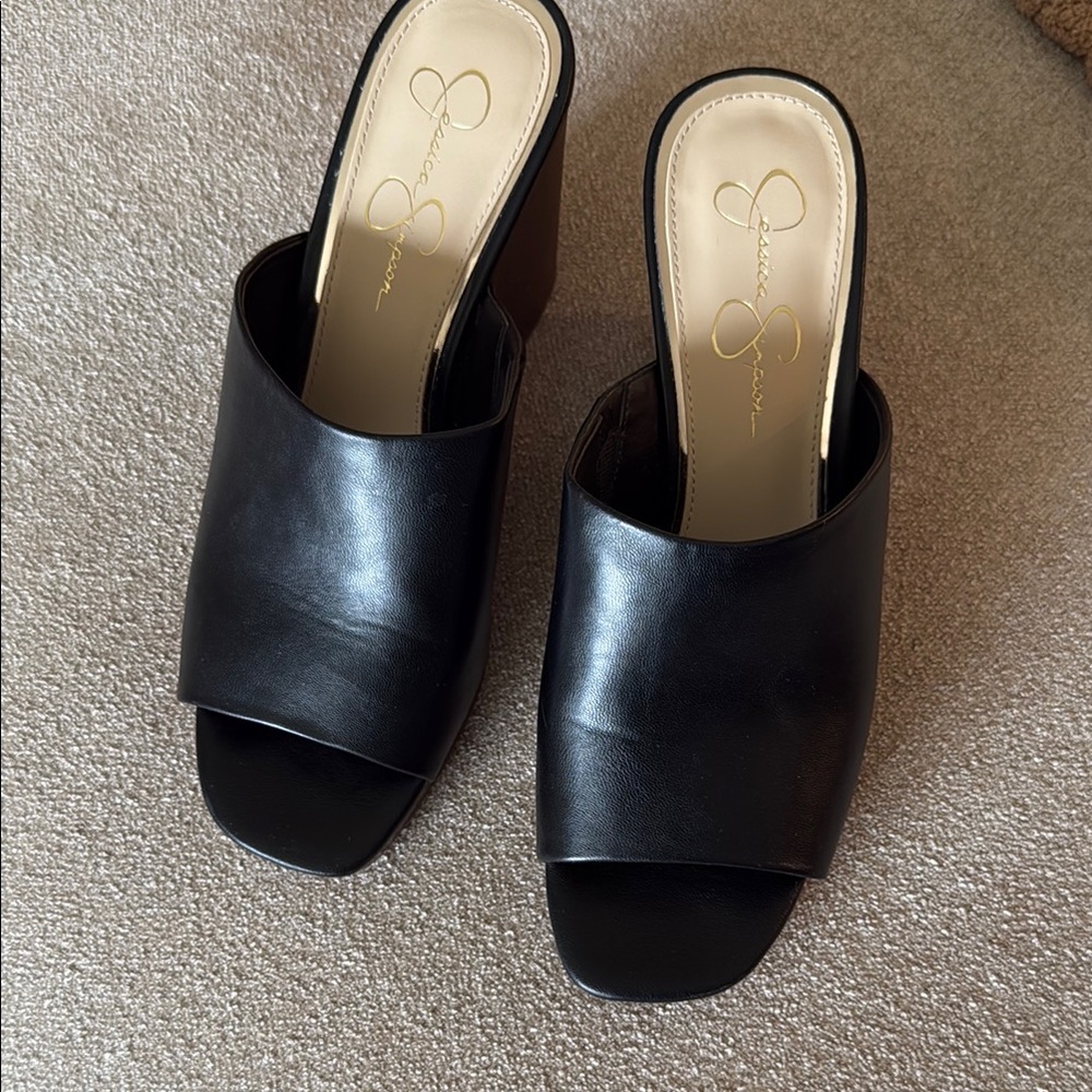 Jessica Simpson Black Leather Mules with Open Toe